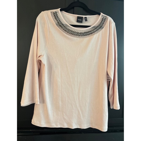 Rafaella Tops - Rafaella‎ XL Pink Embellished Neck 3/4 Sleeve 100% Soft Cotton Pull Over Top